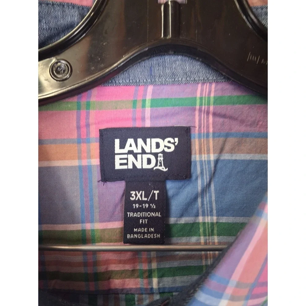 Lands End Mens Shirt 3XLT Blue Multi Plaid Coastal Resort 100% Cotton Spring‎